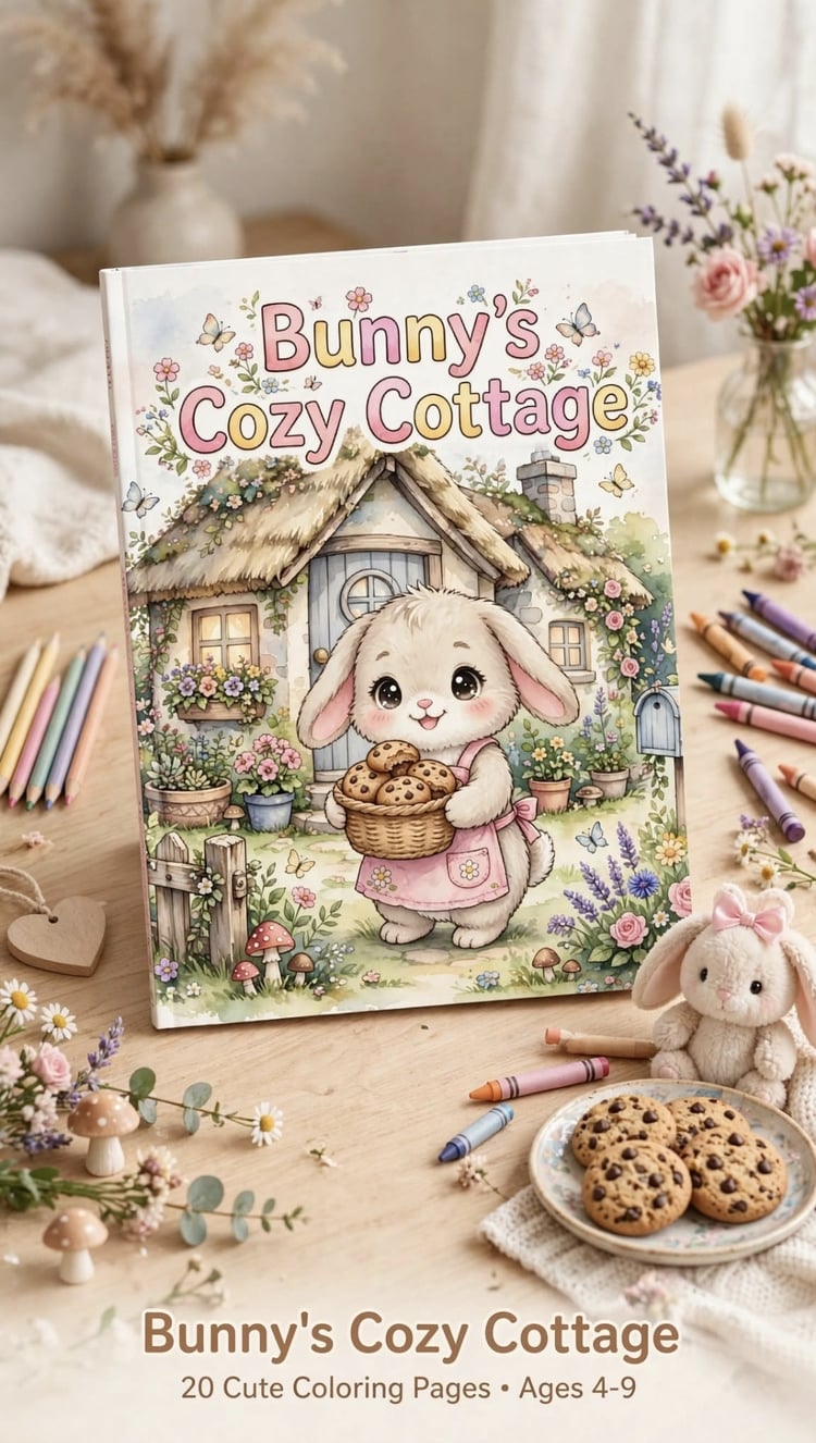 Bunny’s Cozy Cottage coloring book cover for kids ages 4–9 with an adorable bunny and cozy cottage.