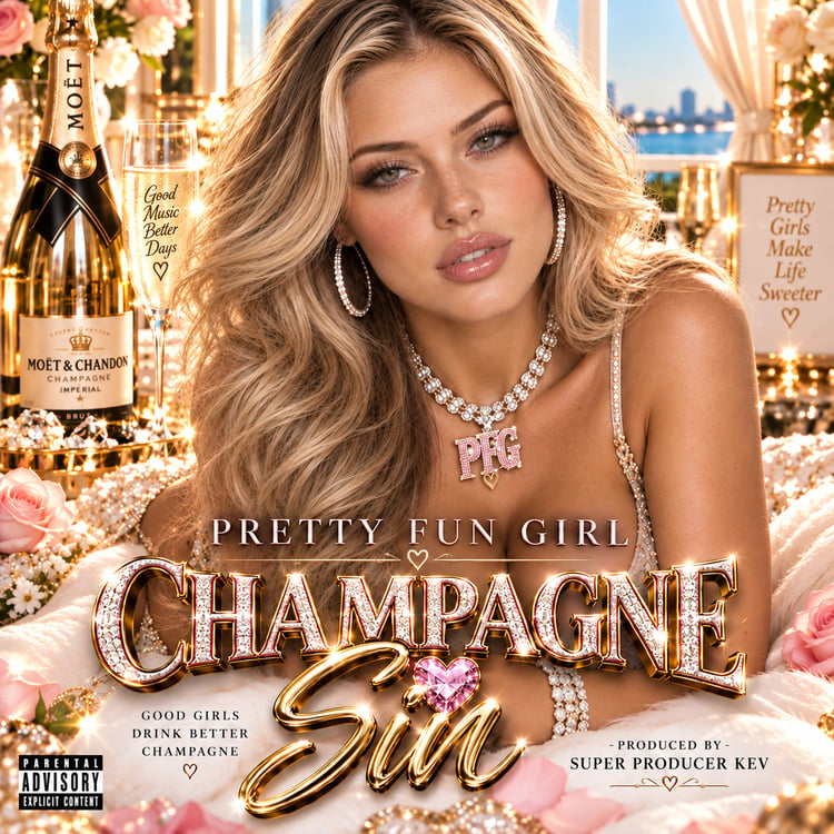 PRETTY FUN GIRL™ Champagne Sin official album cover for a bold female hip-hop, R&B and luxury club digital album produced by Super Producer Kev.