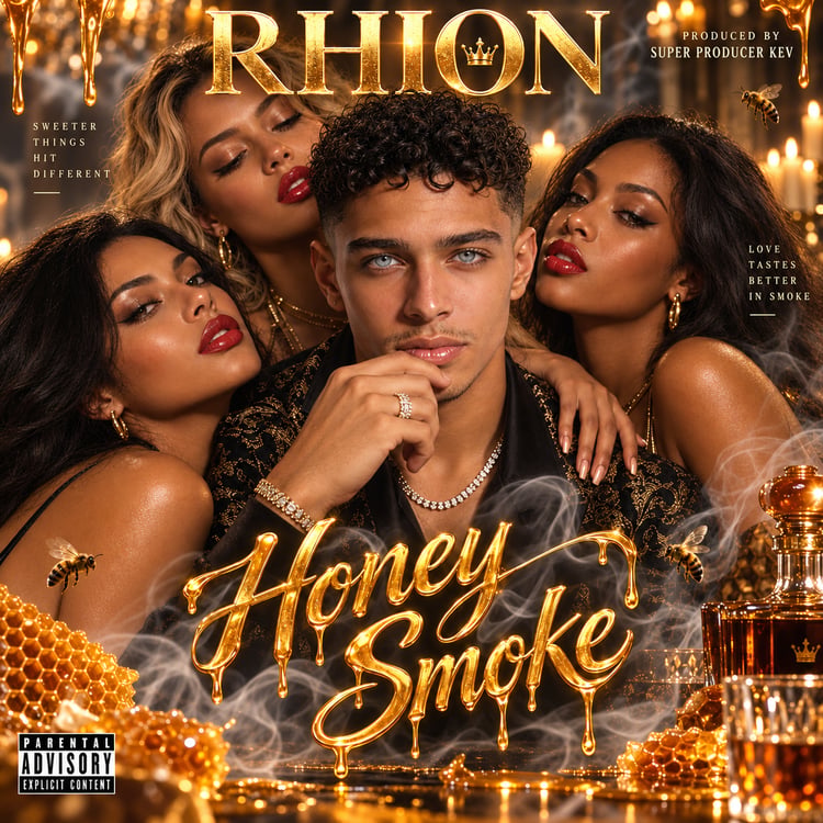 RHION™ Honey Smoke official album cover for a soulful R&B, hip-hop and luxury nightlife digital album produced by Super Producer Kev.