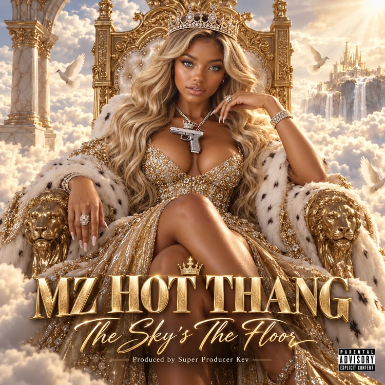 MZ HOT THANG™ THE SKY IS THE FLOOR OFFICIAL ALBUM COVER FOR A BOLD FEMALE HIP-HOP, R&B AND CLUB RAP DIGITAL ALBUM PRODUCED BY SUPER PRODUCER KEV.