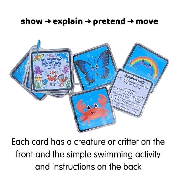 Aquatic animal themed swimming class visual cards