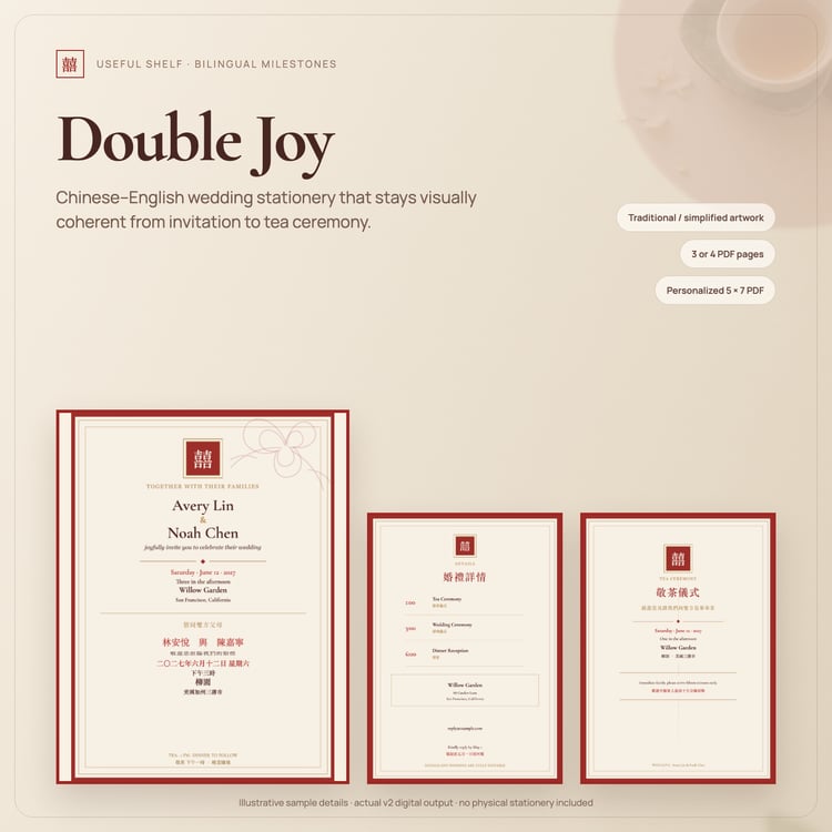 Double Joy Chinese-English wedding stationery: cream and red invitation, details card and tea ceremony card with traditional or simplified Chinese options and a personalized 5 x 7 PDF.