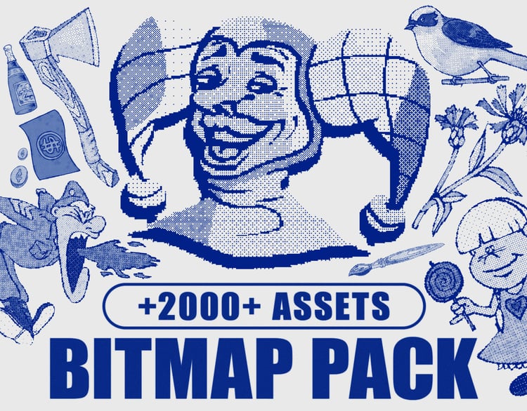 Retro cartoon bitmap asset pack cover image with a large dithered halftone character head in the center, surrounded by smaller retro cartoon icons like a jester, bird, and paintbrush in blue on an off white background, with text reading +2000+ assets bitm
