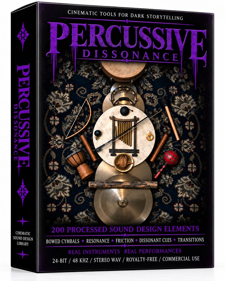 Percussive Dissonance features 200 royalty-free cinematic sound design elements from 18 real percussion sources, with bowed cymbals, resonance, friction, dissonant cues and transitions for film, games, trailers and horror.