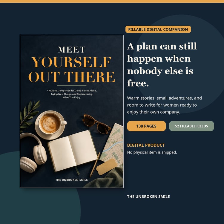 Front cover of Meet Yourself Out There beside text describing a 138-page fillable digital companion with 52 fields for adult women.