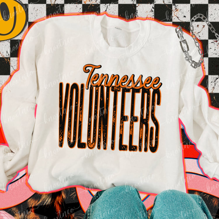 Sweatshirt with Tennessee volunteers design in orange and black University of Tennessee game day Vols fan shirt