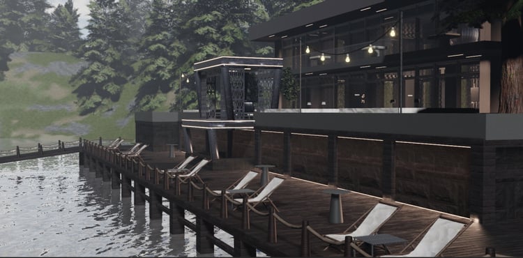 Two-story nightclub lounge interior