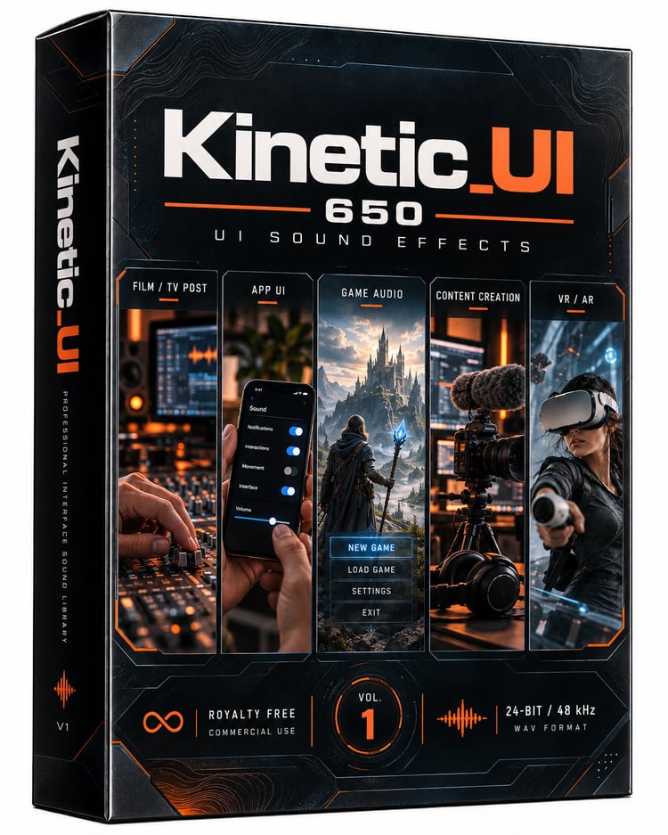 650 UI sound effects for game developers, app creators and VR designers. Includes 5 processing styles for menus, HUDs and interfaces. Royalty-free.