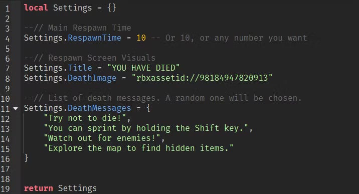 Editable death screen messages