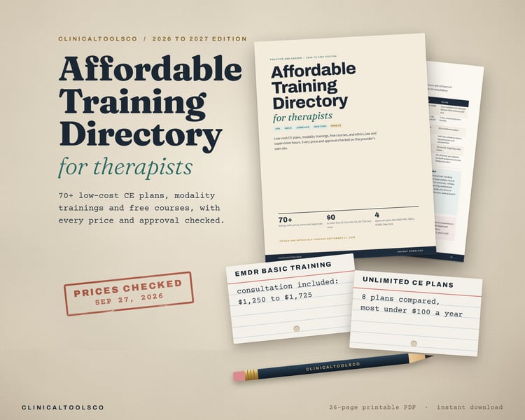 Cover and EMDR page of the Affordable Training Directory for Therapists on linen, with index cards for EMDR and CE plan prices and a Prices checked stamp
