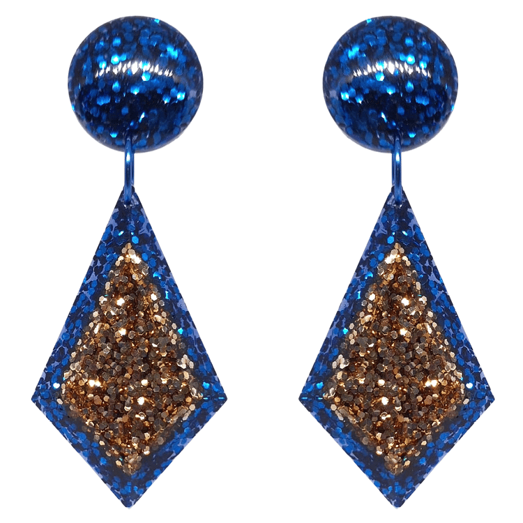 Blue Gold Glitter Diamond Glamrock Disco Studio 54 Earrings by Atomic Cat