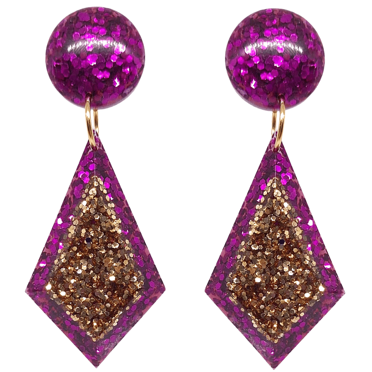 Magenta Gold Glitter Diamond Glamrock Disco Studio 54 Earrings by Atomic Cat