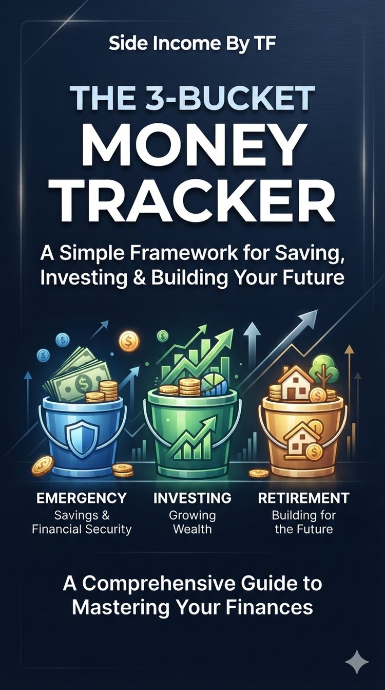 3-Bucket Money Tracker cover by Side Income By TF, featuring three illustrated money buckets for budgeting, saving, and financial planning on a navy blue background.