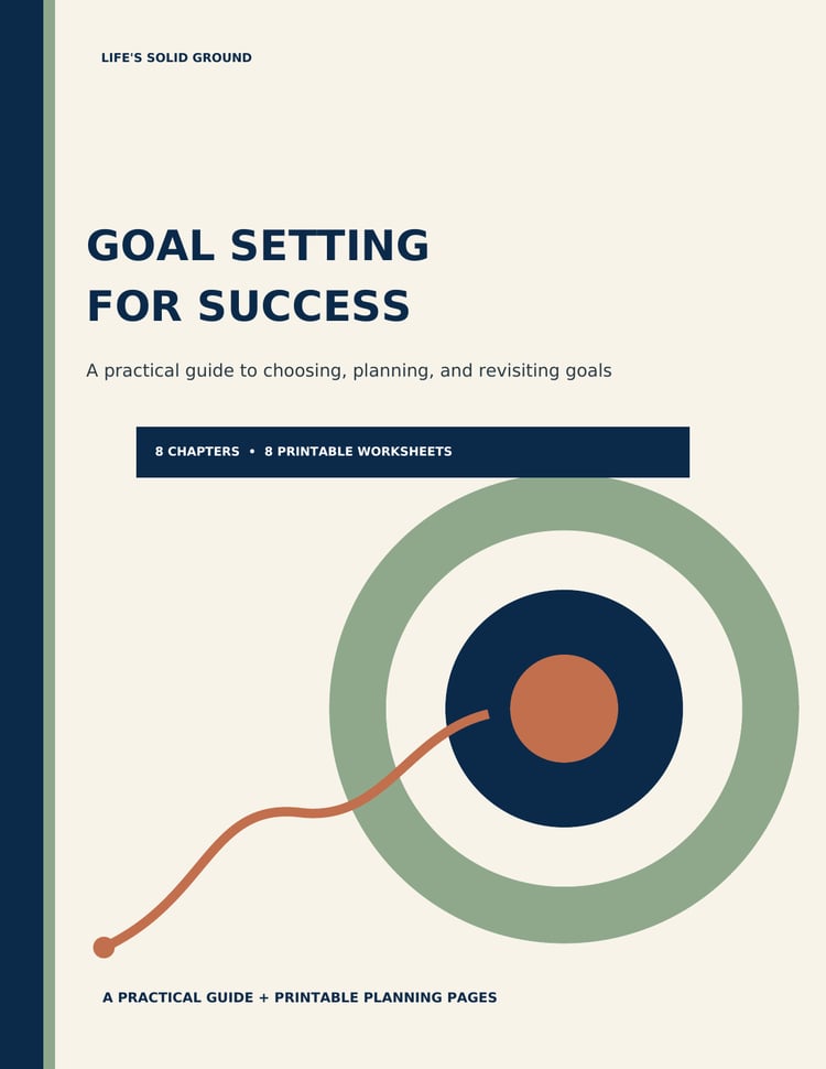 Goal Setting for Success cover with navy title on a cream background, a sage and navy target, and a rust-colored path leading toward its center.