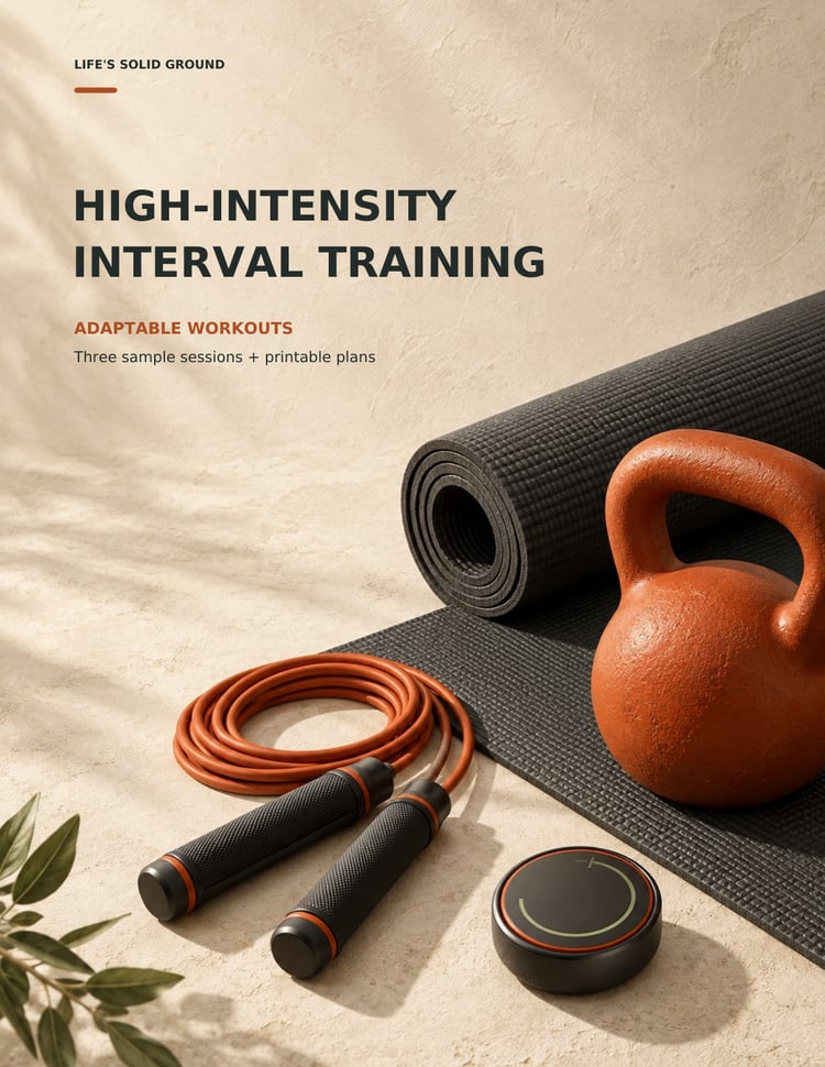 High-Intensity Interval Training cover with a burnt-orange kettlebell, jump rope, exercise mat, and interval timer on a warm ivory background.