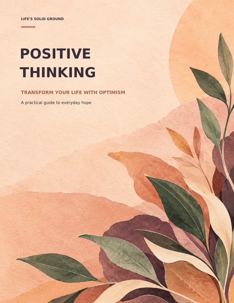 Positive Thinking cover with a bold dark title on textured apricot paper and layered botanical leaves in sage, rust, and plum.