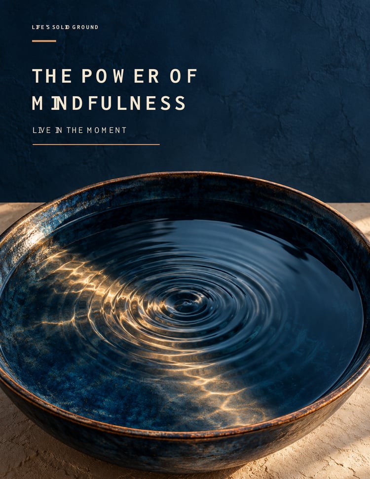 The Power of Mindfulness guide cover showing sunlight reflected in ripples across a dark blue ceramic bowl of water.