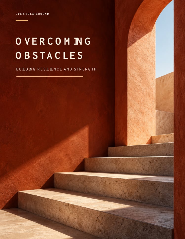 Sunlit stone steps rise toward an opening beneath a terracotta arch on the Overcoming Obstacles cover.