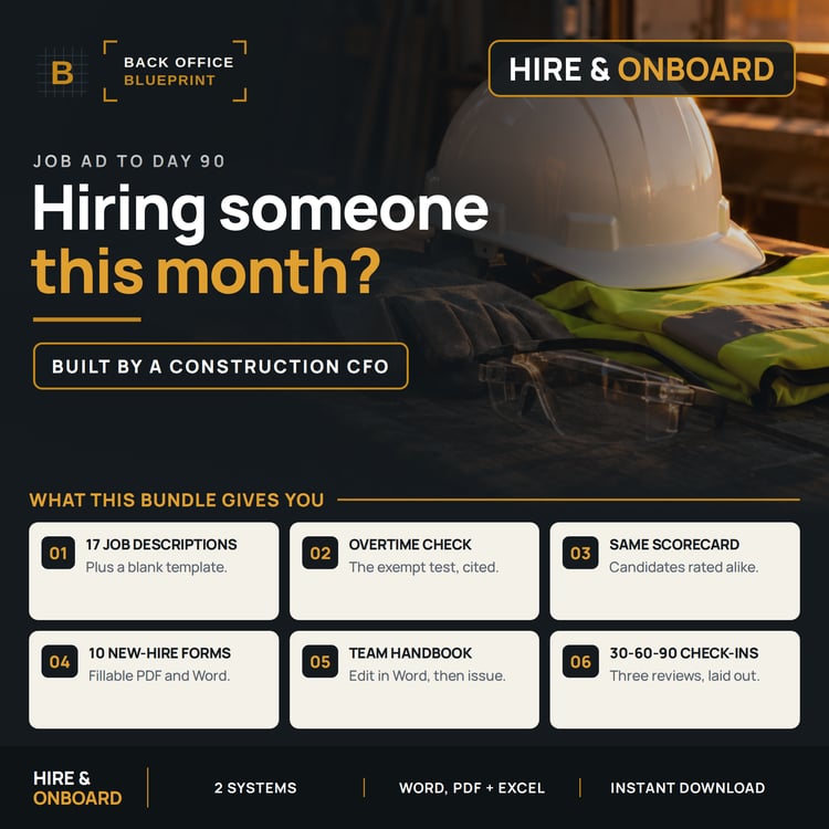 Hire and Onboard Bundle, a white hard hat, work gloves, safety glasses and a high-vis vest on a shop bench at sunset, under the question hiring someone this month, with six things the bundle gives you: 17 job descriptions, an overtime check, the same scor