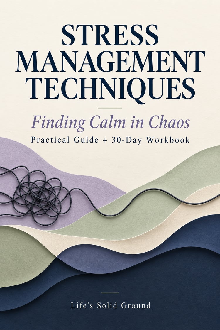 Stress Management Techniques workbook cover by Life’s Solid Ground, with tangled thread becoming a smooth line across lavender, sage, cream, and navy waves.