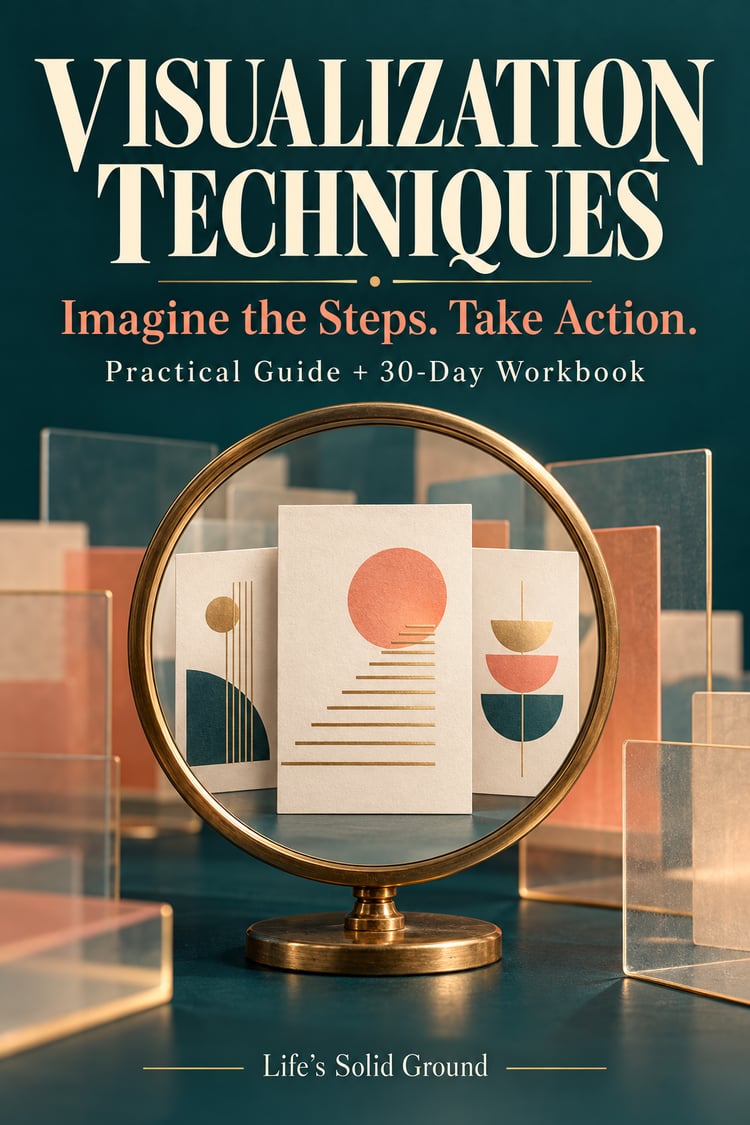 Visualization Techniques workbook cover by Life’s Solid Ground, featuring a brass-rimmed lens framing geometric cards in teal, cream, and coral.