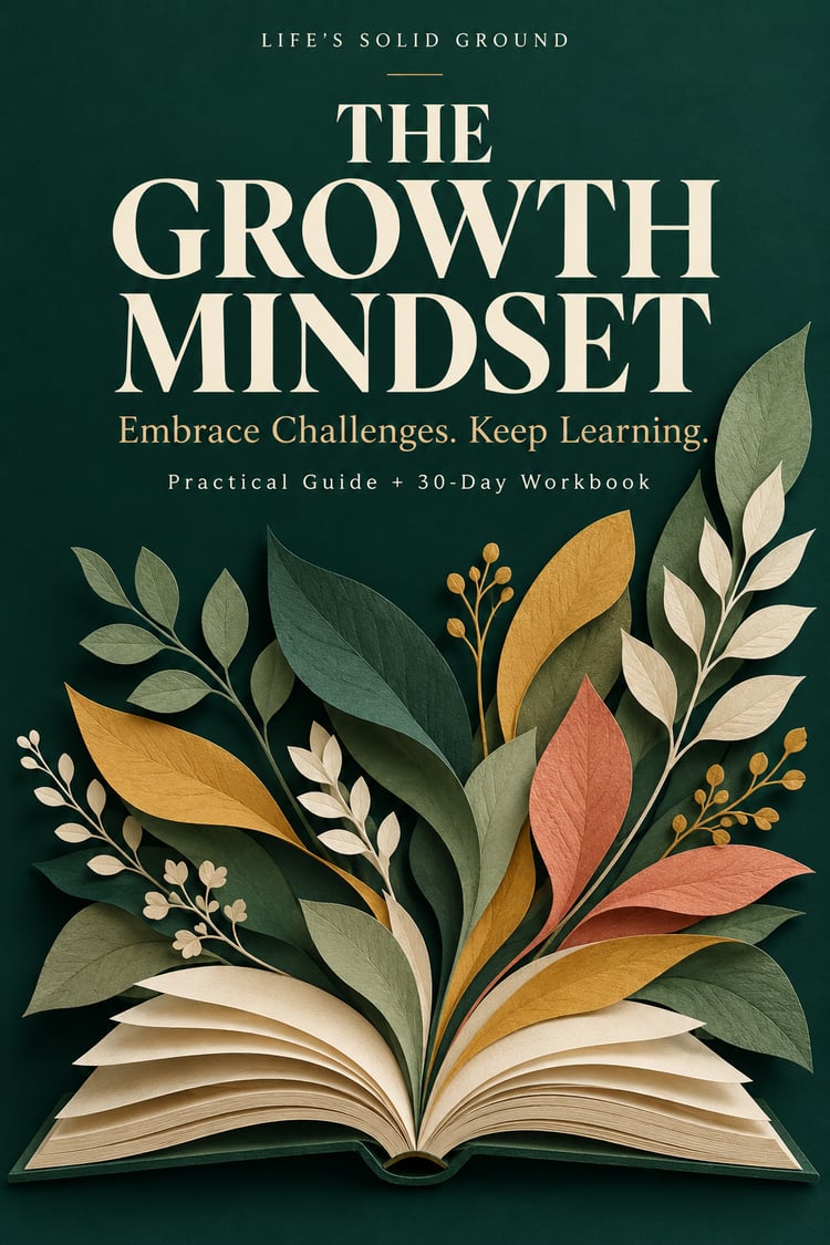 The Growth Mindset workbook cover with ivory lettering and layered sage, mustard, and coral leaves rising from an open book against a deep green background.