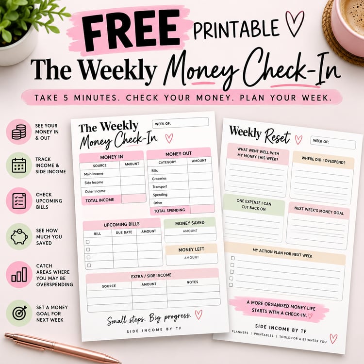 Free Weekly Budget Worksheet and Weekly Money Check-In by Side Income By TF, a printable PDF for reviewing weekly expenses and tracking spending.