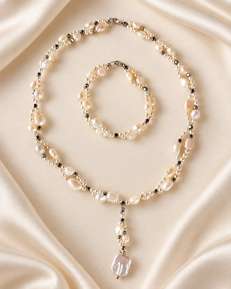 Set collana e bracciale con perle bianche Swarovski e perla barocca naturale
