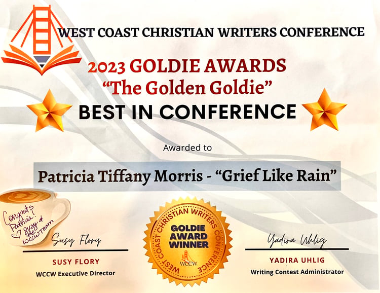 Grief Like Rain—Hope Like Sunshine Award certificate from 2023 Golden Goldie Best in Conference 2023.