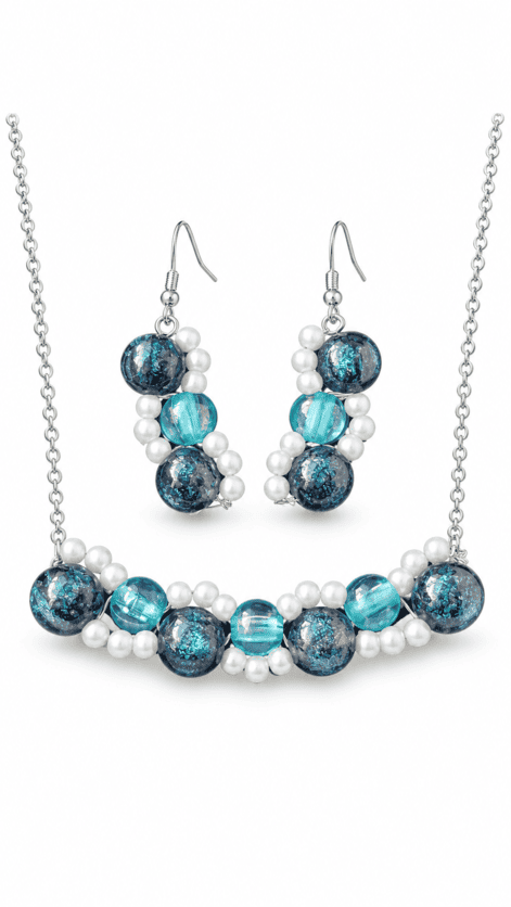 Handmade ocean blue glass and white pearl necklace with matching drop earrings in 925 sterling silver