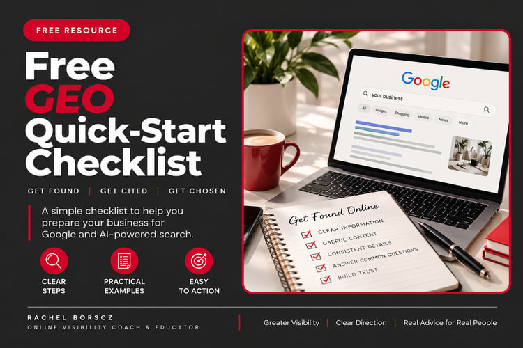 Free GEO Quick-Start Checklist for small business owners, showing Google search, a laptop and website visibility checklist for improving search and AI-powered discovery.