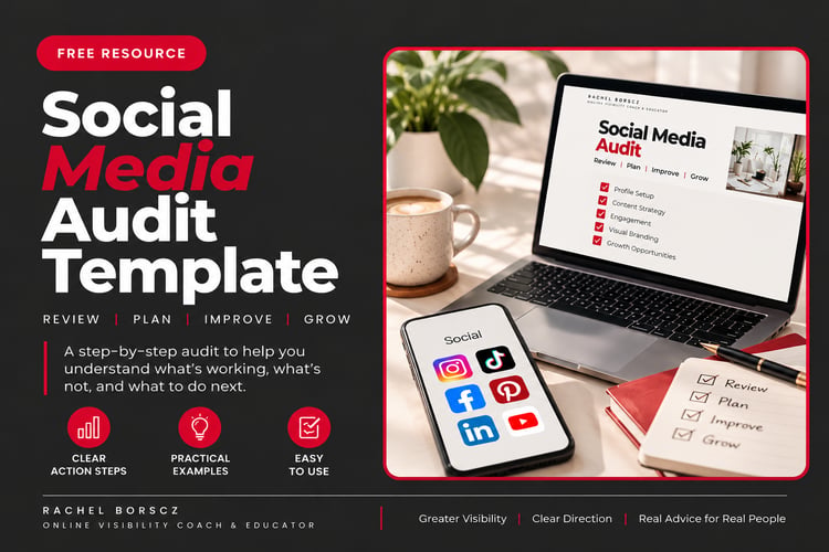 Free Social Media Audit Template for small business owners, showing social media platforms, a laptop and step-by-step audit checklist to review and improve online visibility.