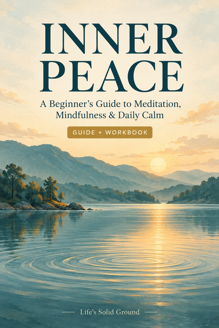Inner Peace guide and workbook cover with teal mountains, golden sunlight over a quiet lake, and gentle ripples on the water.
