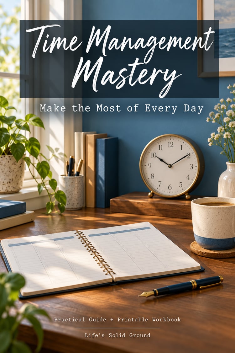 Time Management Mastery cover showing an analog clock, open planner, pen, and coffee cup on a sunlit desk against a blue wall.
