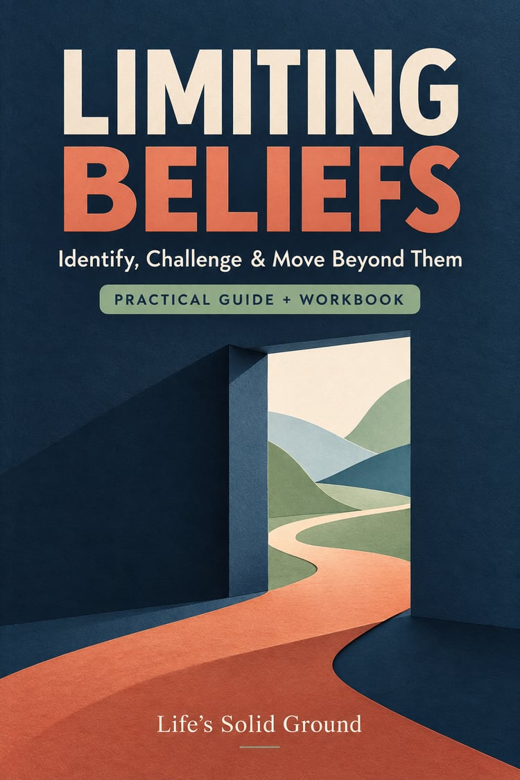 Limiting Beliefs guide and workbook cover with a coral path through an open navy doorway toward layered sage and blue scenery.
