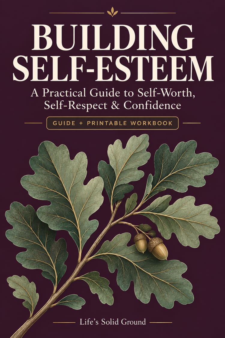 Building Self-Esteem guide and printable workbook cover with ivory lettering, sage oak leaves and acorns, and gold accents on a deep plum background.