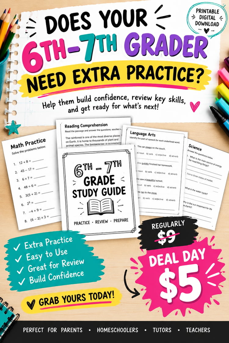 6th–7th grade study guide promotional graphic featuring colorful worksheet previews for math, reading comprehension, language arts, and science, with a Deal Day price of $5 for parents, homeschoolers, tutors, and teachers.