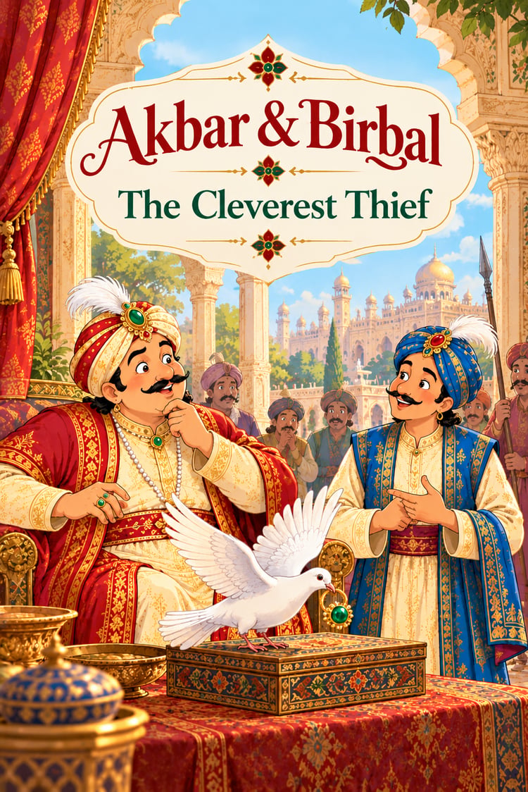 Illustrated cover of “Akbar & Birbal: The Cleverest Thief,” featuring Emperor Akbar and Birbal in a royal palace, with a white pigeon holding a green-jeweled ring in its beak.