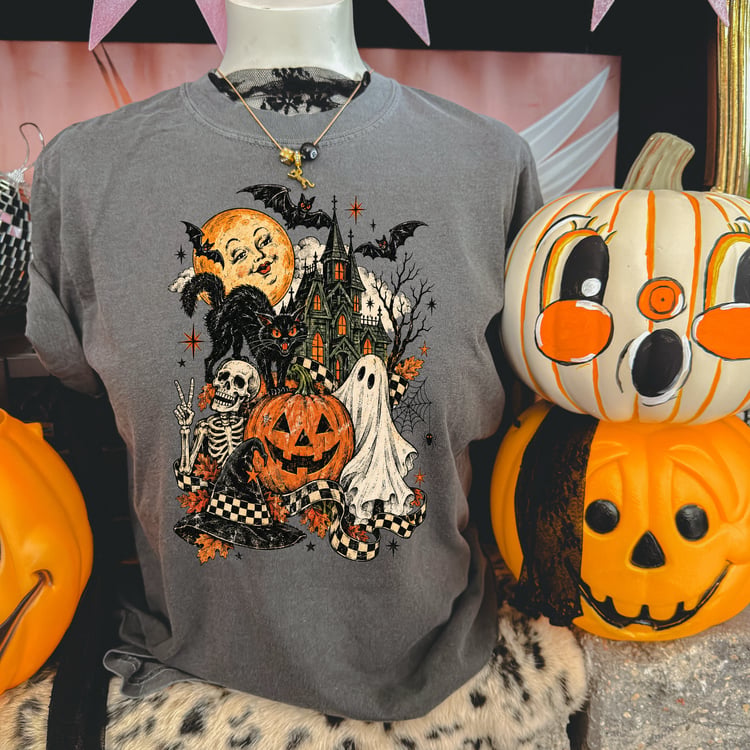 Ghost Pumpkin Black Cat Skeleton tshirt in charcoal color in small to 3X