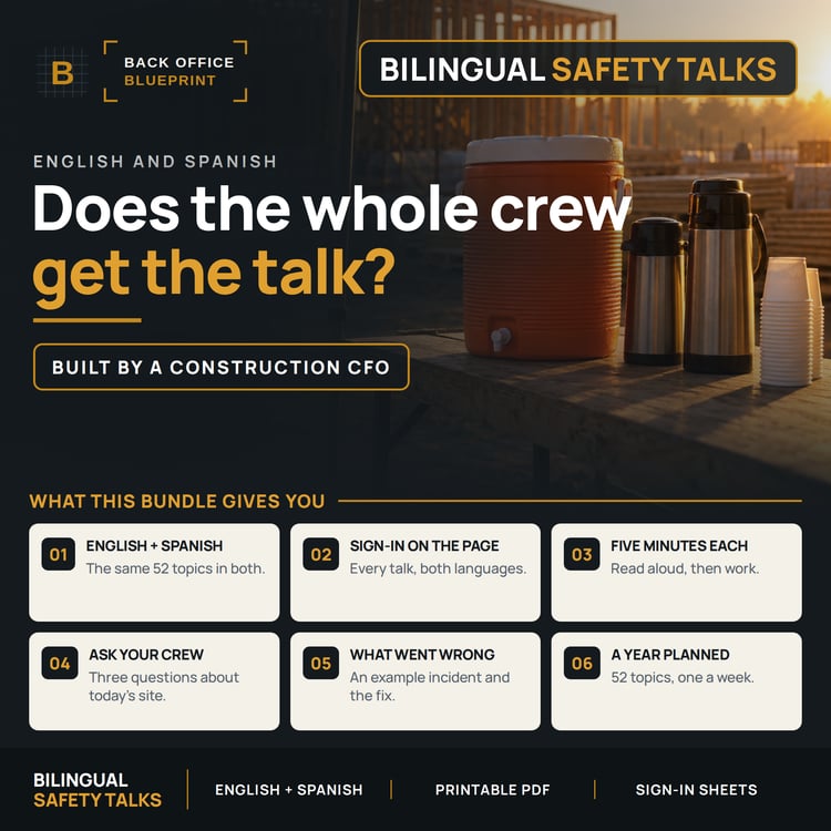 Bilingual safety talks in English and Spanish: a water cooler and thermoses at a jobsite at dawn, under the question does the whole crew get the talk, with the same 52 topics in both, sign-in on every talk and five minutes each