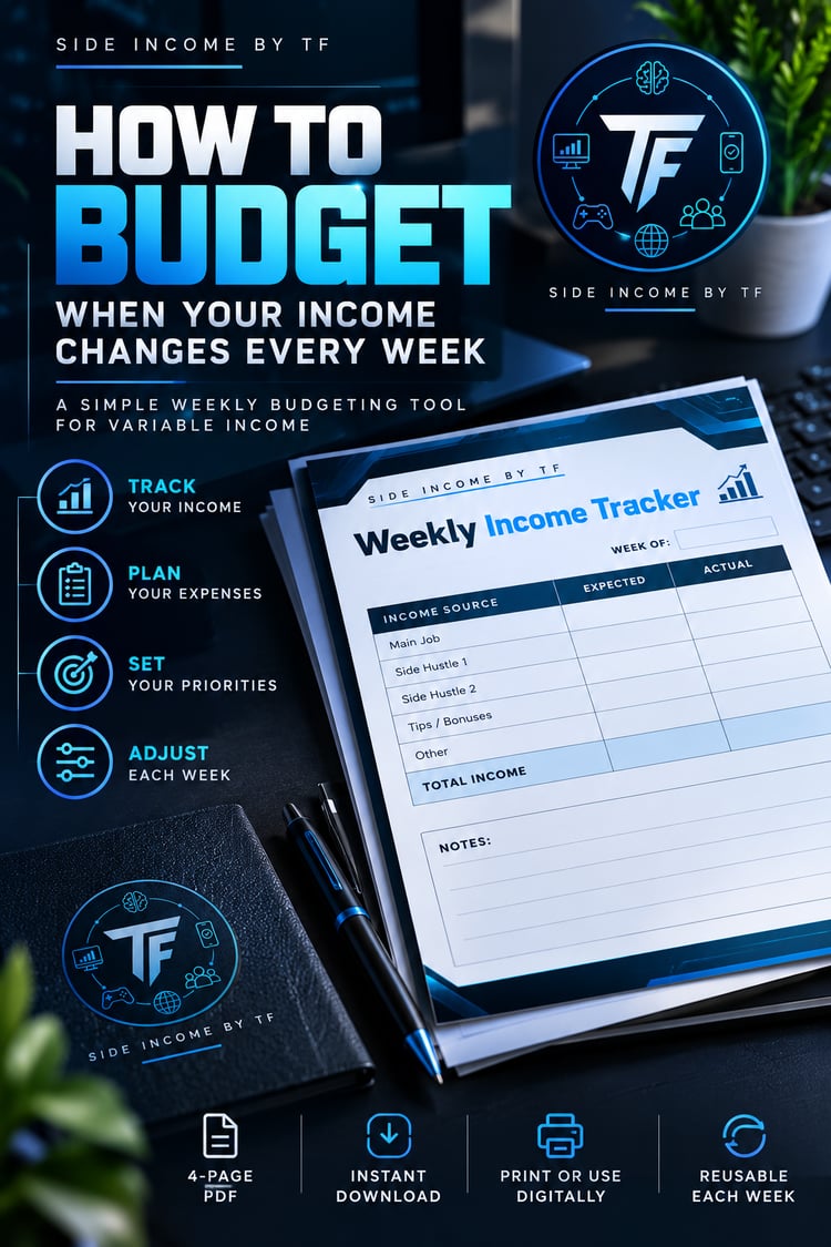 How to Budget With Irregular Income PDF guide by Side Income By TF, featuring a blue budgeting workbook cover for managing variable weekly income.