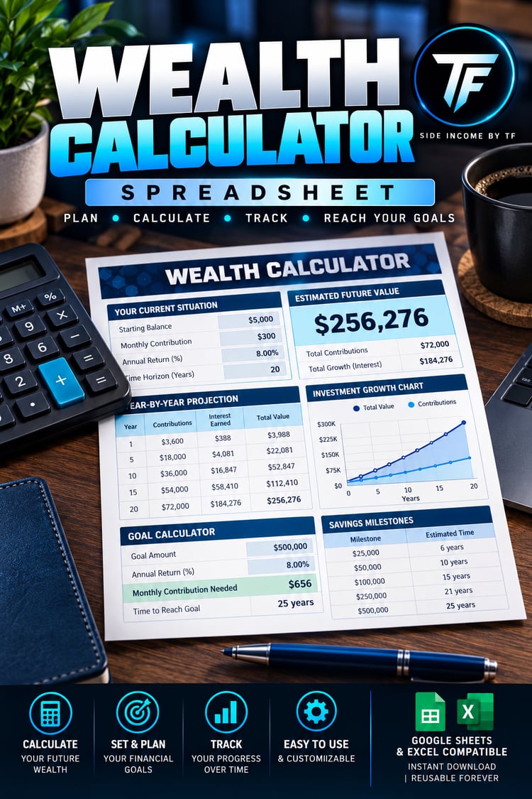 Wealth Calculator Spreadsheet by Side Income By TF, featuring a navy and electric blue cover promoting an Excel net worth and financial growth tracking tool.