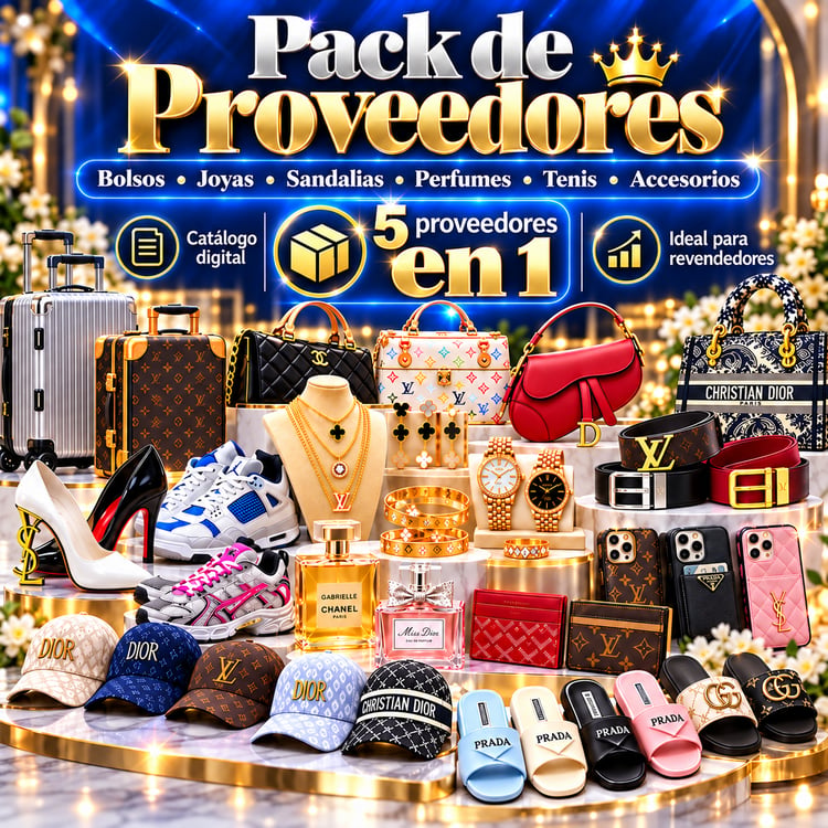 Pack de 5 proveedores para revendedores con bolsos, joyas, sandalias, perfumes, tenis y accesorios.