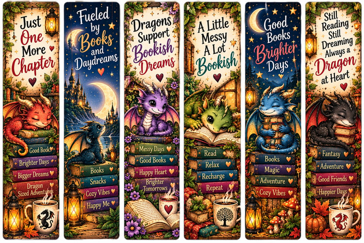 Six printable dragon bookmarks featuring colorful dragons, books, stars, moons, flowers, lanterns, and cozy fantasy designs