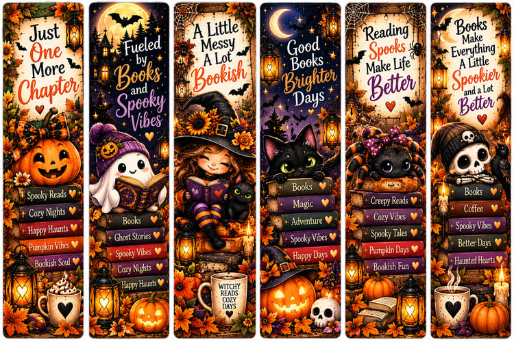 Printable Halloween bookmark set with six spooky bookish designs featuring pumpkins, cats, witches, ghosts, spiders, skeletons, and books.