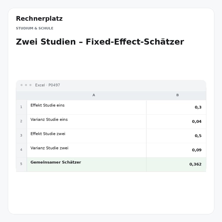 Rechnerplatz – Zwei Studien – Fixed-Effect-Schätzer, Excel-Übersicht mit Eingaben und Ergebnis.