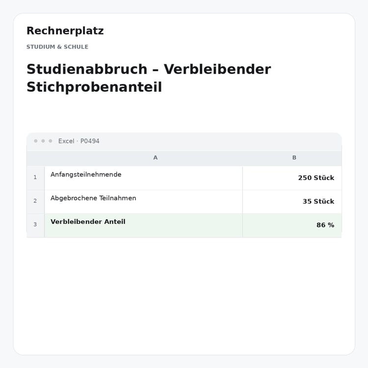 Rechnerplatz – Studienabbruch – Verbleibender Stichprobenanteil, Excel-Übersicht mit Eingaben und Ergebnis.