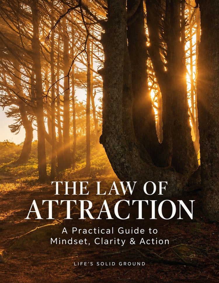 The Law of Attraction guide cover featuring warm sunlight through forest trees and the subtitle A Practical Guide to Mindset, Clarity & Action.