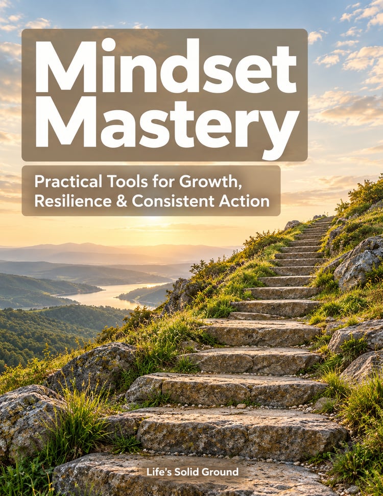 Mindset Mastery cover with a stone staircase rising through a green hillside under a softly lit golden sky, with bold white title lettering on taupe panels.