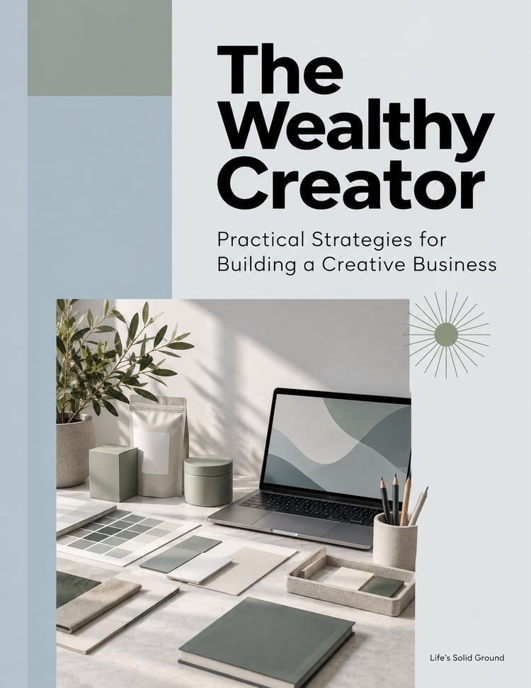 The Wealthy Creator cover with bold black title, pale gray, blue-gray and sage geometric panels, a sunburst, and a creative workspace featuring a laptop, packaging samples, pencils and color swatches.